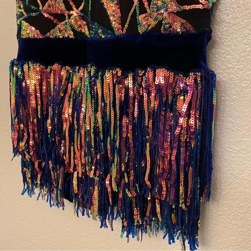 Weissman Dance costume blue sassy fringe sequin dress Misbehave 16291 child XLC